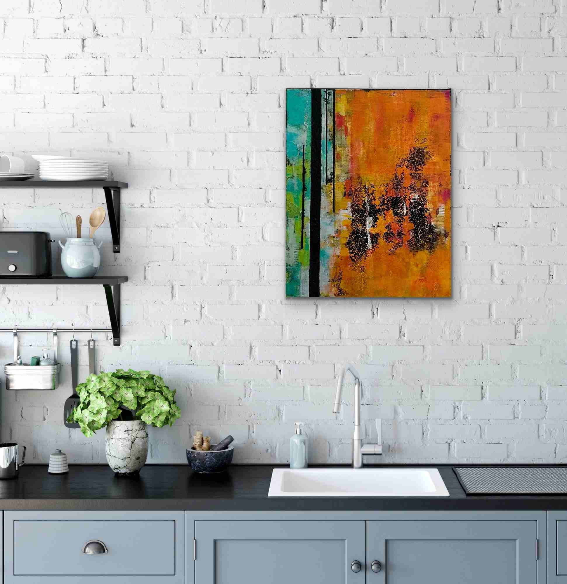 Lueurs Précieuses – Tableau abstrait 50x40, bandes irisées orange, vert et turquoise sur fond noir, lumière éblouissante – Image 3