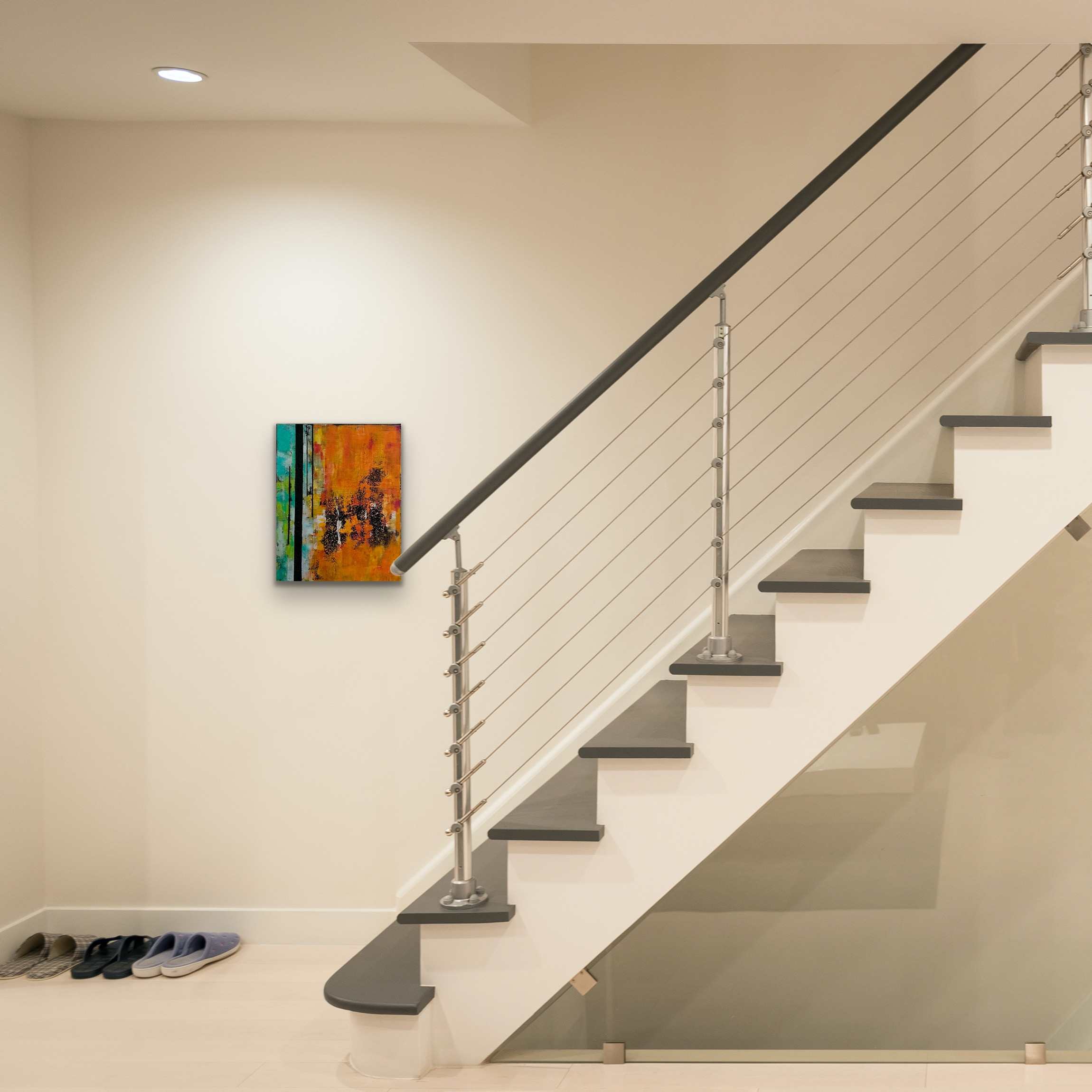 Lueurs Précieuses – Tableau abstrait 50x40, bandes irisées orange, vert et turquoise sur fond noir, lumière éblouissante – Image 4