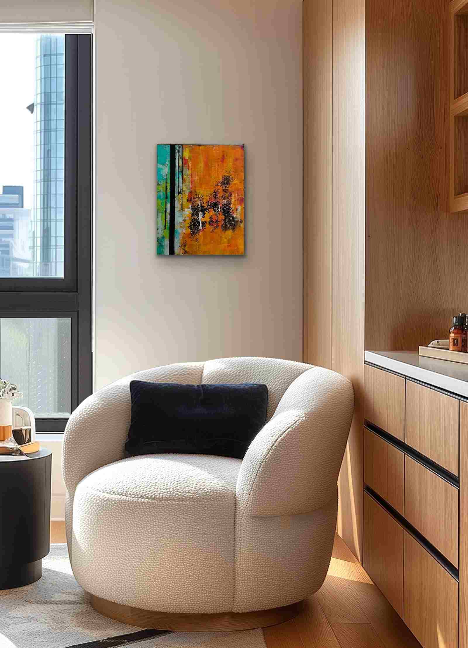 Lueurs Précieuses – Tableau abstrait 50x40, bandes irisées orange, vert et turquoise sur fond noir, lumière éblouissante – Image 2