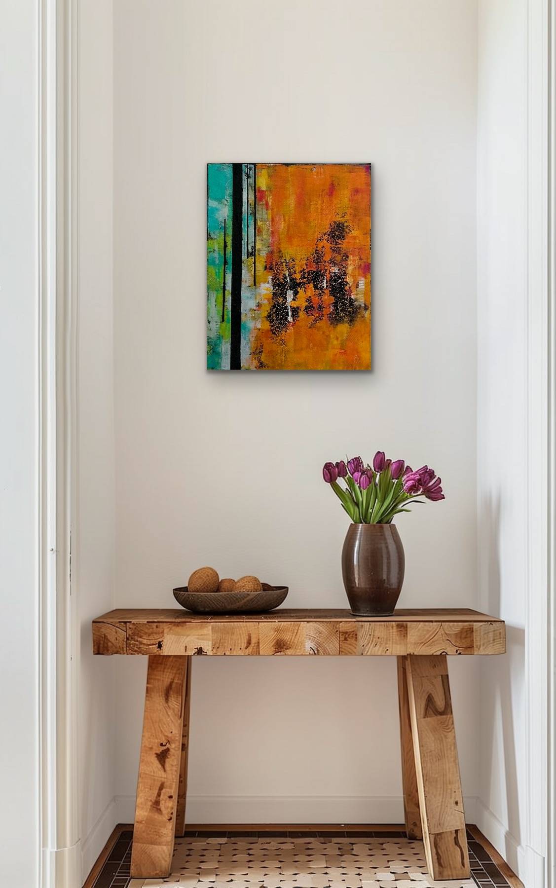 Lueurs Précieuses – Tableau abstrait 50x40, bandes irisées orange, vert et turquoise sur fond noir, lumière éblouissante – Image 5