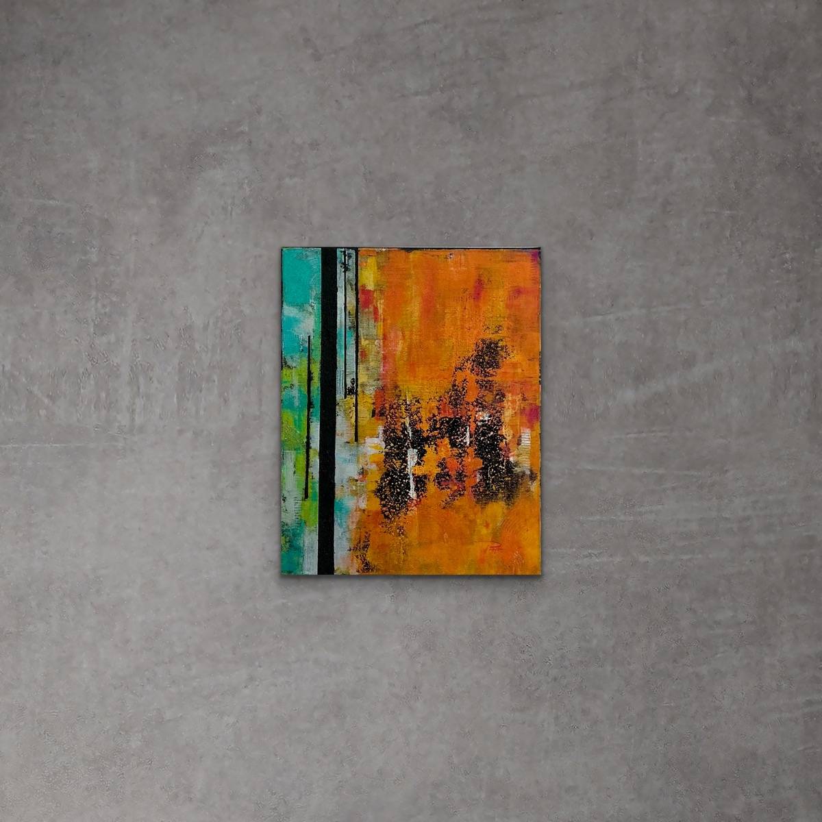 Lueurs Précieuses – Tableau abstrait 50x40, bandes irisées orange, vert et turquoise sur fond noir, lumière éblouissante – Image 6