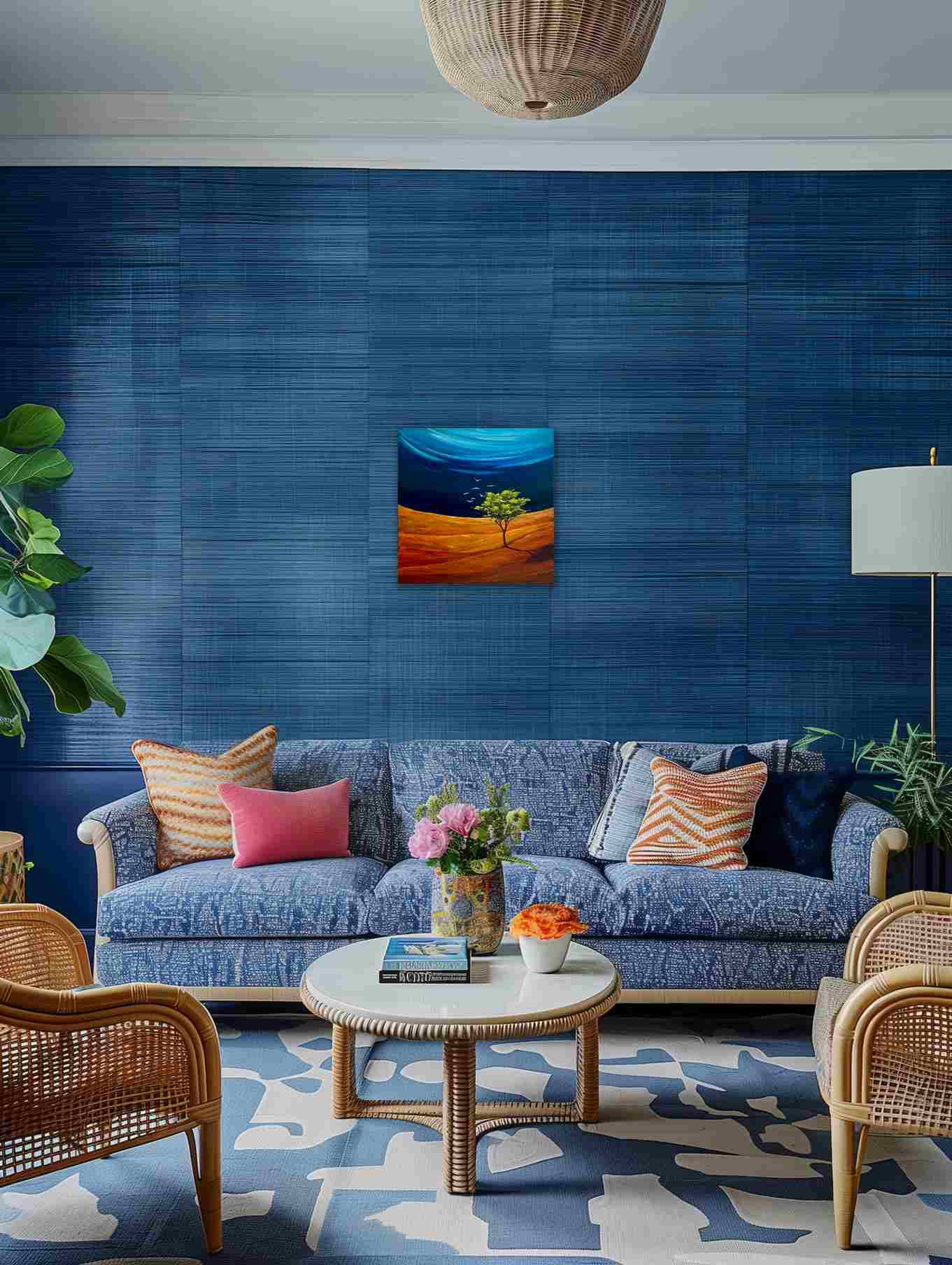 Salvation – Tableau paysage 50x50, arbre solitaire et champ orange intense , oiseaux et ciel bleu profond – Image 6