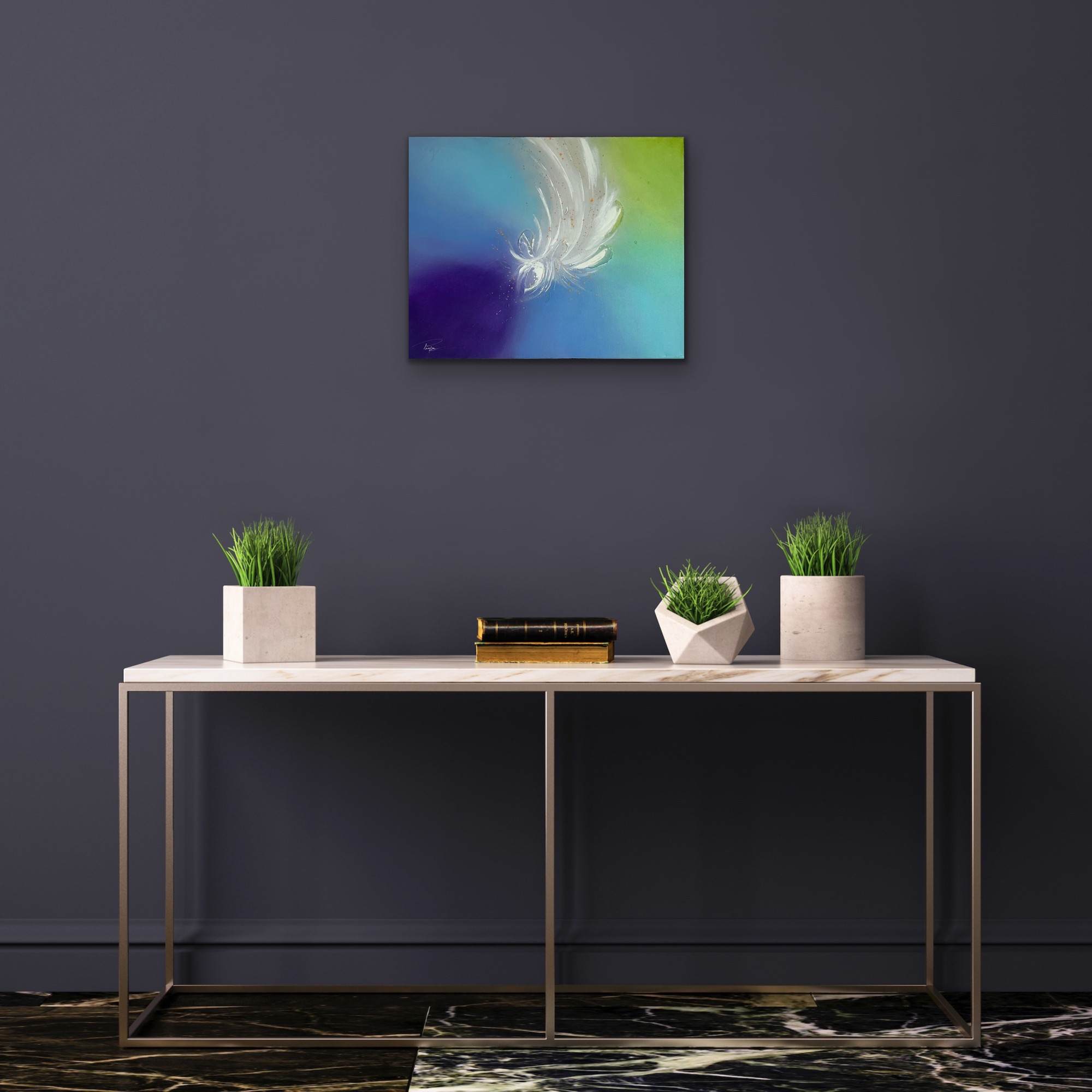 Plumes– Tableau abstrait contemporain bleu et vert 40x50 cm – Image 5