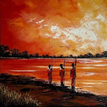 tableau peinture guerriers Massaï coucher de soleil sur lac – Ciels de feu ». ​